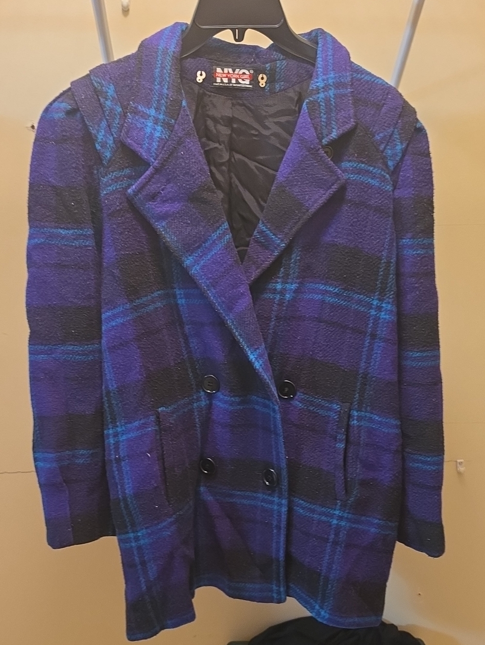 Plaid Double-Breasted Pea Coat in Purple & Blue